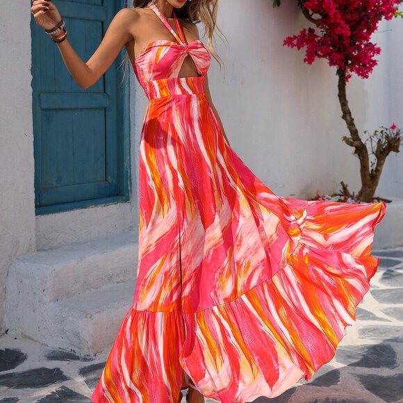 Dresses & Skirts - Pink Boho Women's Beach Tie Dye Print Halter A-Line Cinched Waist Flowy Dress